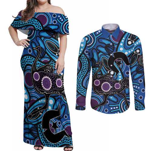 Emu NAIDOC 2024 Couples Matching Off Shoulder Maxi Dress and Long Sleeve Button Shirt Aboriginal Art Style