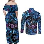 Emu NAIDOC 2024 Couples Matching Off Shoulder Maxi Dress and Long Sleeve Button Shirt Aboriginal Art Style