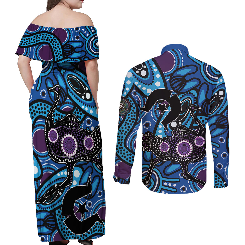 Emu NAIDOC 2024 Couples Matching Off Shoulder Maxi Dress and Long Sleeve Button Shirt Aboriginal Art Style