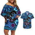 Emu NAIDOC 2024 Couples Matching Off Shoulder Short Dress and Hawaiian Shirt Aboriginal Art Style