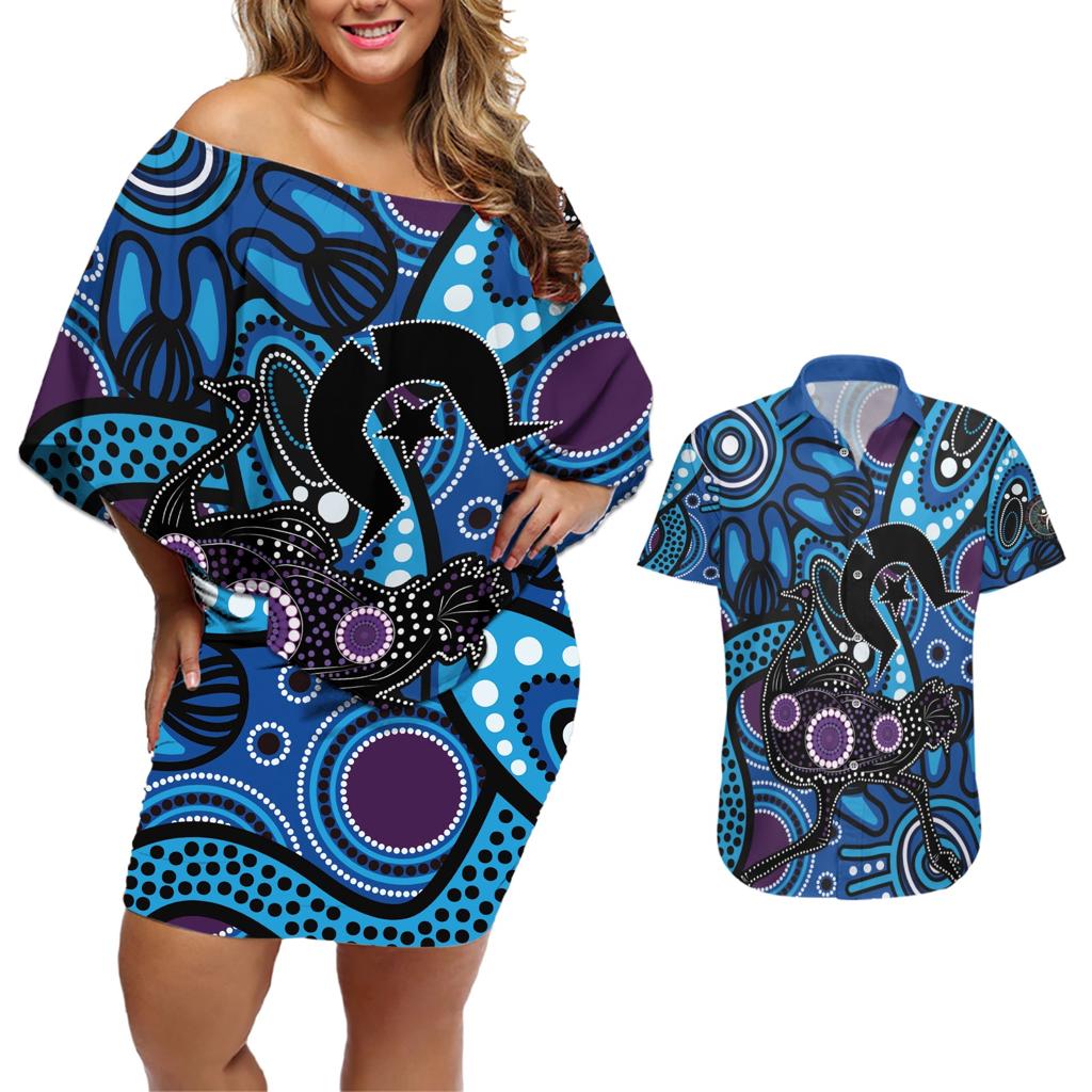 Emu NAIDOC 2024 Couples Matching Off Shoulder Short Dress and Hawaiian Shirt Aboriginal Art Style