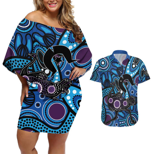 Emu NAIDOC 2024 Couples Matching Off Shoulder Short Dress and Hawaiian Shirt Aboriginal Art Style