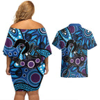 Emu NAIDOC 2024 Couples Matching Off Shoulder Short Dress and Hawaiian Shirt Aboriginal Art Style