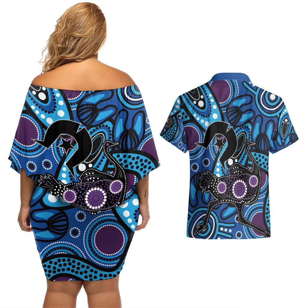 Emu NAIDOC 2024 Couples Matching Off Shoulder Short Dress and Hawaiian Shirt Aboriginal Art Style