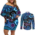 Emu NAIDOC 2024 Couples Matching Off Shoulder Short Dress and Long Sleeve Button Shirt Aboriginal Art Style