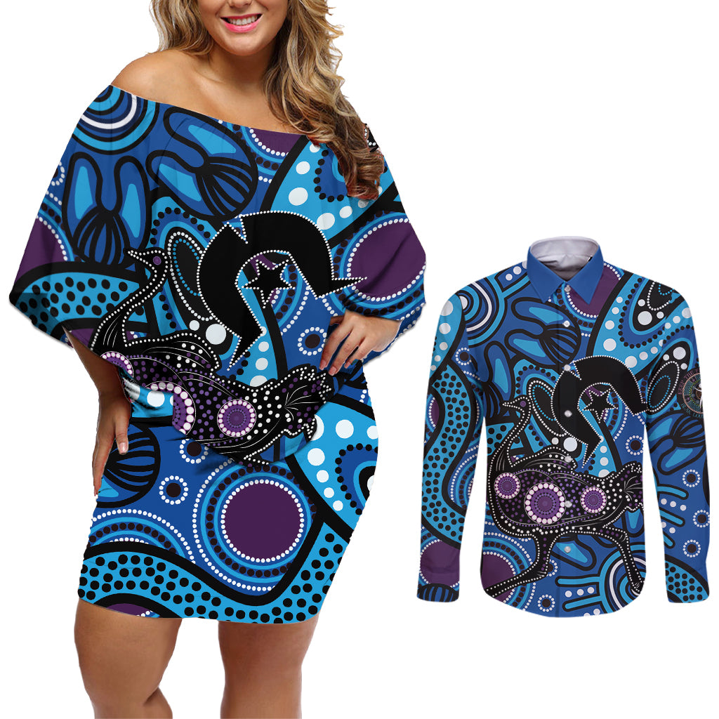 Emu NAIDOC 2024 Couples Matching Off Shoulder Short Dress and Long Sleeve Button Shirt Aboriginal Art Style