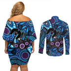 Emu NAIDOC 2024 Couples Matching Off Shoulder Short Dress and Long Sleeve Button Shirt Aboriginal Art Style