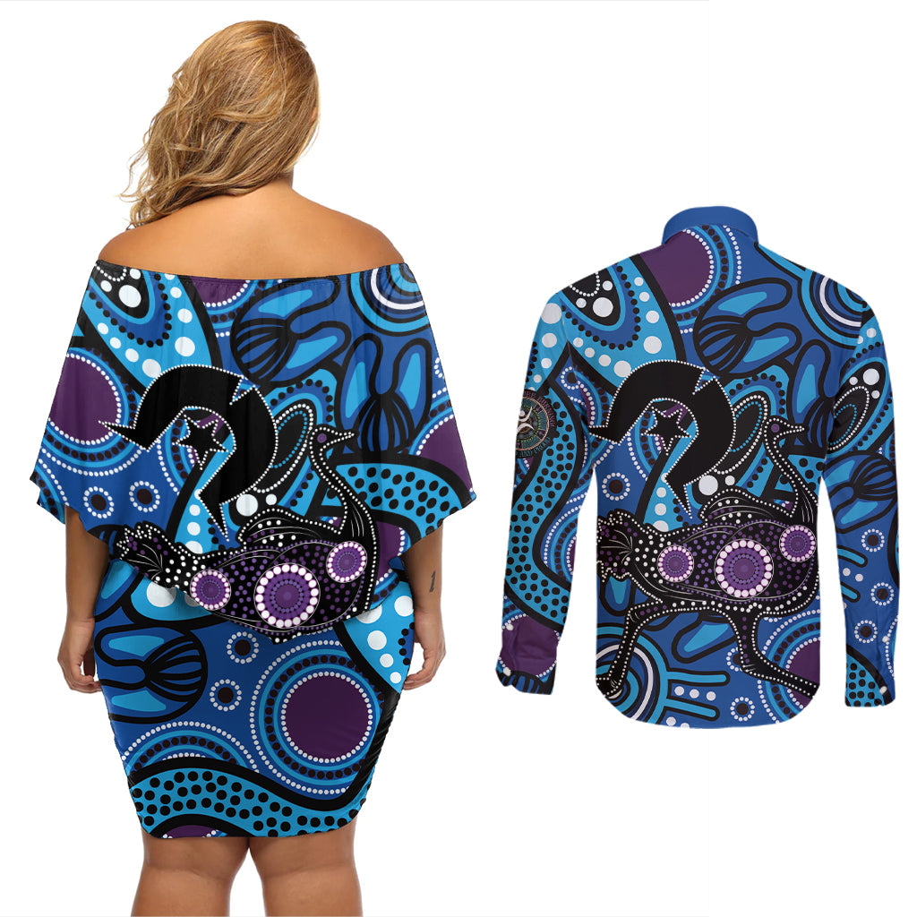 Emu NAIDOC 2024 Couples Matching Off Shoulder Short Dress and Long Sleeve Button Shirt Aboriginal Art Style