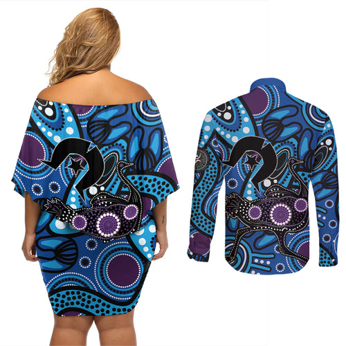 Emu NAIDOC 2024 Couples Matching Off Shoulder Short Dress and Long Sleeve Button Shirt Aboriginal Art Style