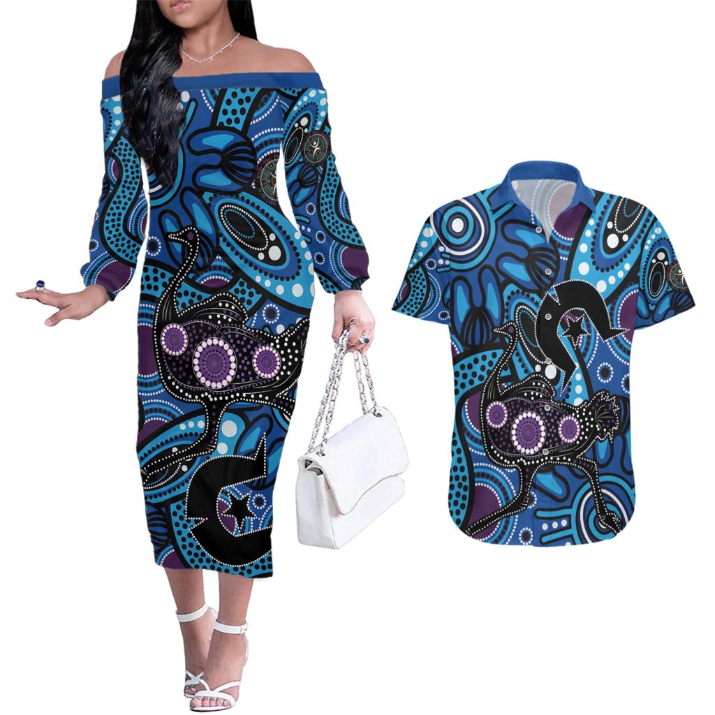 Emu NAIDOC 2024 Couples Matching Off The Shoulder Long Sleeve Dress and Hawaiian Shirt Aboriginal Art Style