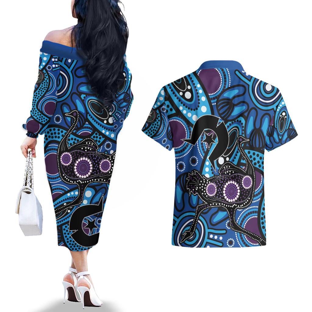 Emu NAIDOC 2024 Couples Matching Off The Shoulder Long Sleeve Dress and Hawaiian Shirt Aboriginal Art Style