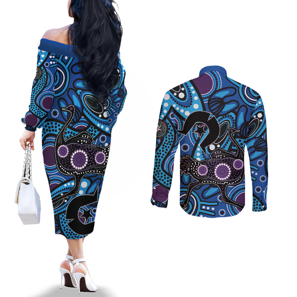 Emu NAIDOC 2024 Couples Matching Off The Shoulder Long Sleeve Dress and Long Sleeve Button Shirt Aboriginal Art Style