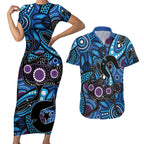 Emu NAIDOC 2024 Couples Matching Short Sleeve Bodycon Dress and Hawaiian Shirt Aboriginal Art Style