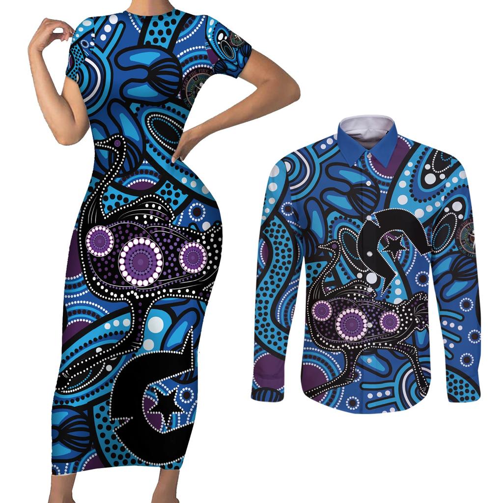Emu NAIDOC 2024 Couples Matching Short Sleeve Bodycon Dress and Long Sleeve Button Shirt Aboriginal Art Style