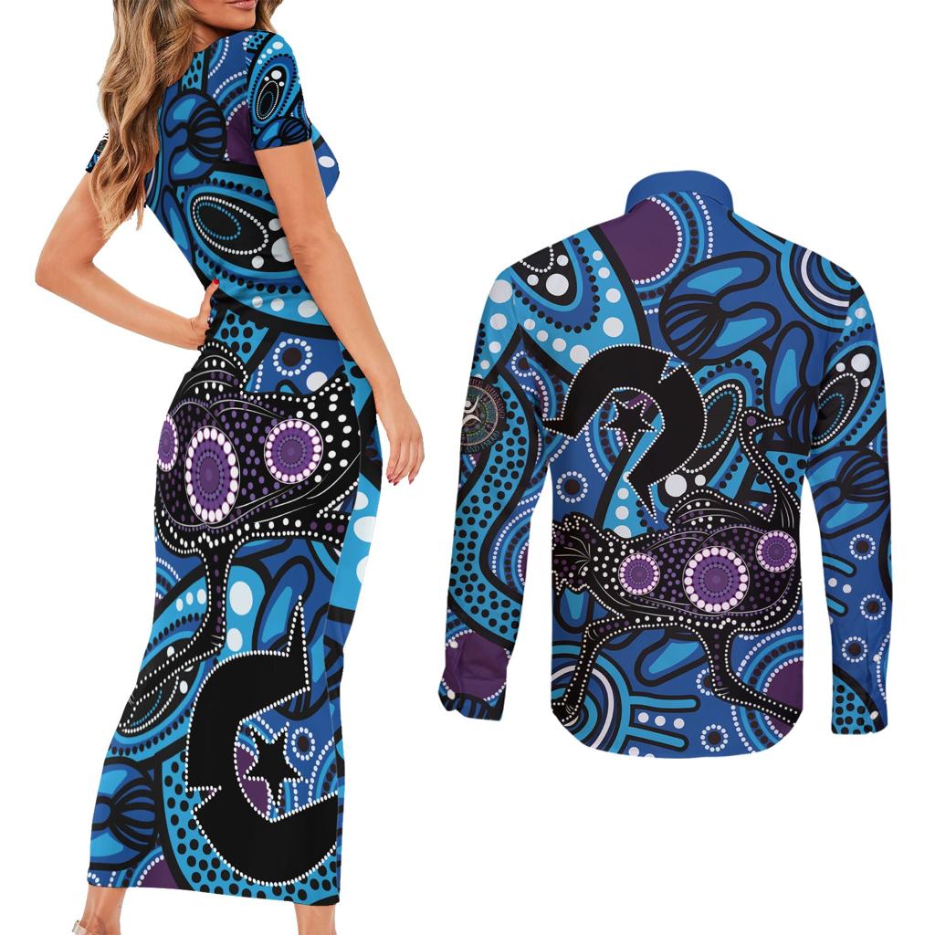 Emu NAIDOC 2024 Couples Matching Short Sleeve Bodycon Dress and Long Sleeve Button Shirt Aboriginal Art Style