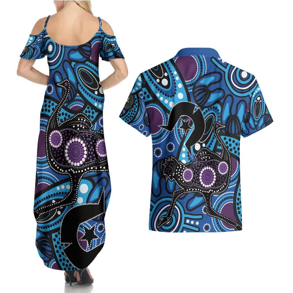 Emu NAIDOC 2024 Couples Matching Summer Maxi Dress and Hawaiian Shirt Aboriginal Art Style