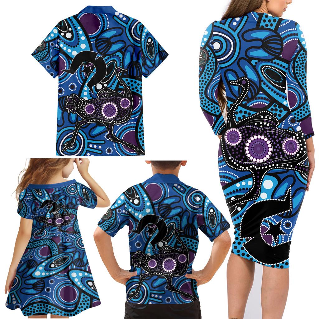 Emu NAIDOC 2024 Family Matching Long Sleeve Bodycon Dress and Hawaiian Shirt Aboriginal Art Style
