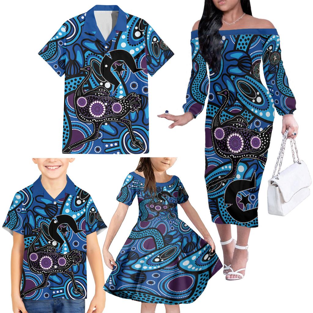 Emu NAIDOC 2024 Family Matching Off The Shoulder Long Sleeve Dress and Hawaiian Shirt Aboriginal Art Style