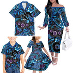 Emu NAIDOC 2024 Family Matching Off The Shoulder Long Sleeve Dress and Hawaiian Shirt Aboriginal Art Style