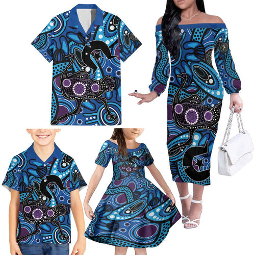 Emu NAIDOC 2024 Family Matching Off The Shoulder Long Sleeve Dress and Hawaiian Shirt Aboriginal Art Style