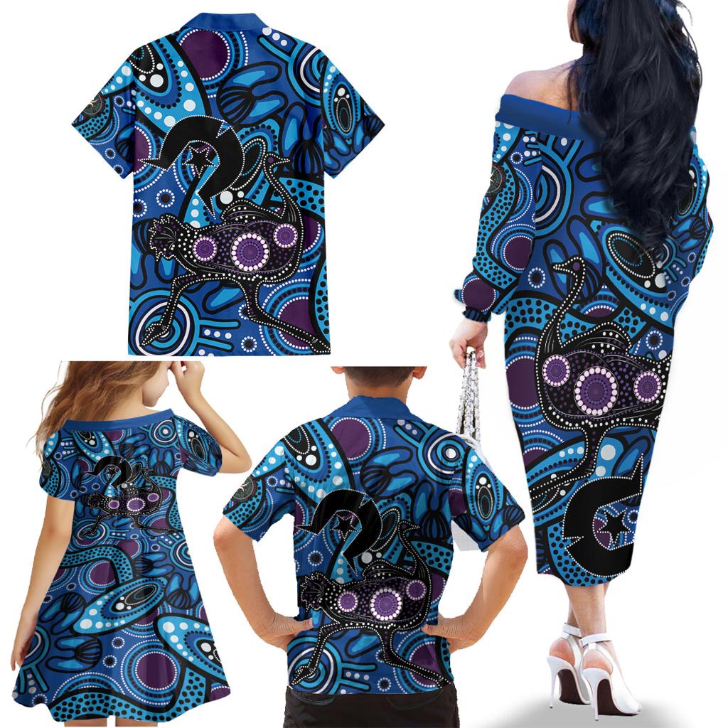 Emu NAIDOC 2024 Family Matching Off The Shoulder Long Sleeve Dress and Hawaiian Shirt Aboriginal Art Style