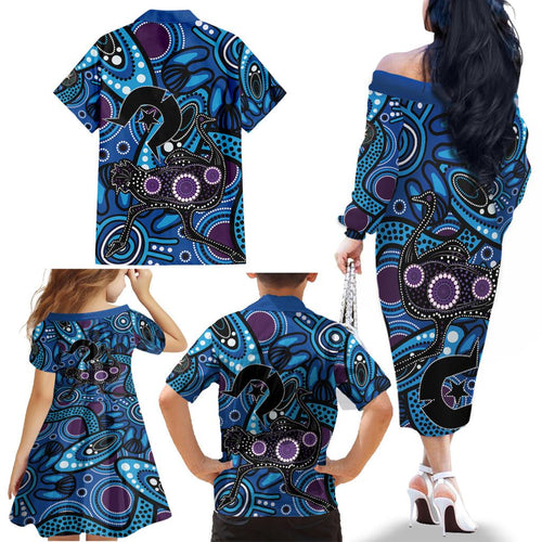 Emu NAIDOC 2024 Family Matching Off The Shoulder Long Sleeve Dress and Hawaiian Shirt Aboriginal Art Style