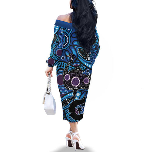 Emu NAIDOC 2024 Family Matching Off The Shoulder Long Sleeve Dress and Hawaiian Shirt Aboriginal Art Style