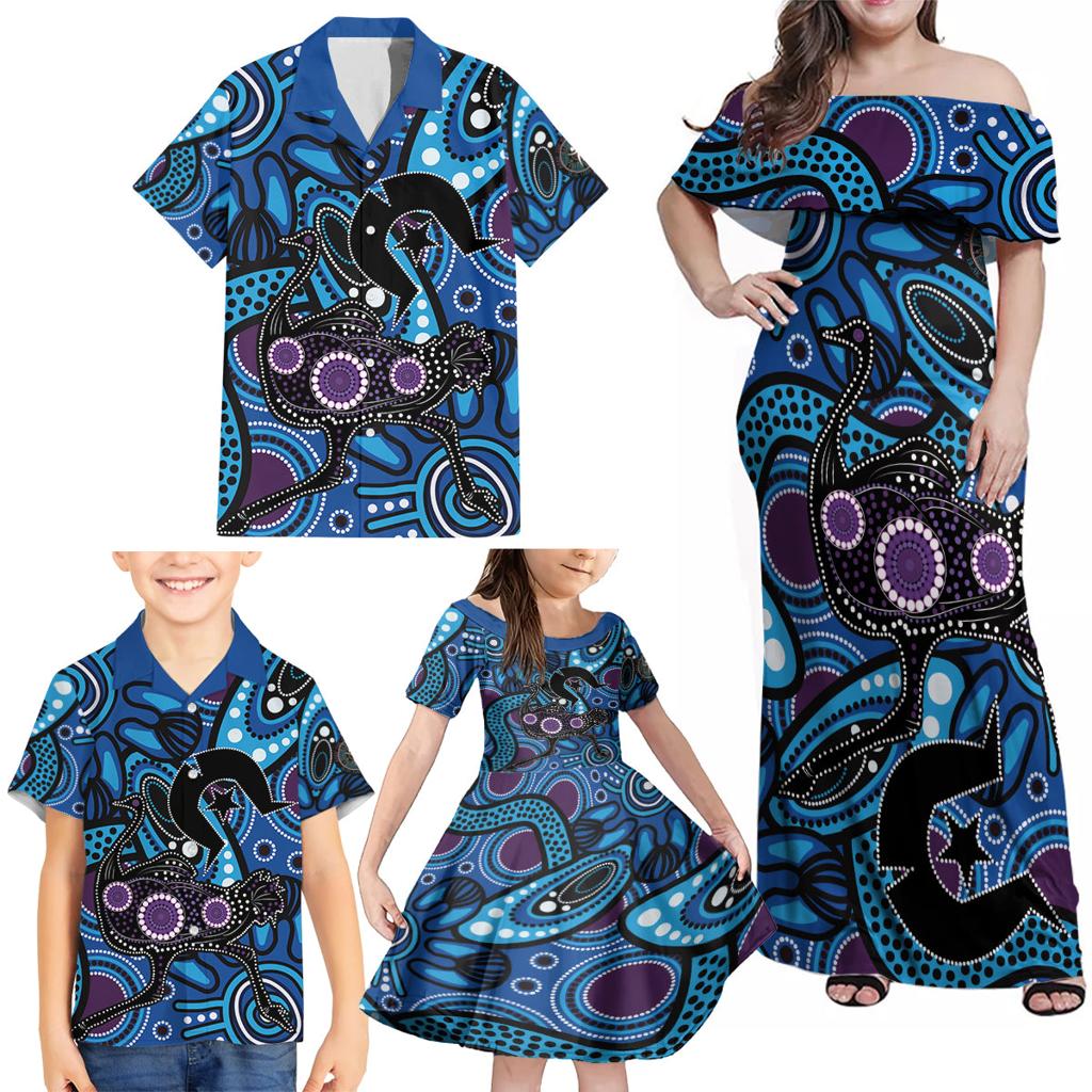 Emu NAIDOC 2024 Family Matching Off Shoulder Maxi Dress and Hawaiian Shirt Aboriginal Art Style