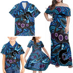 Emu NAIDOC 2024 Family Matching Off Shoulder Maxi Dress and Hawaiian Shirt Aboriginal Art Style