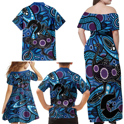 Emu NAIDOC 2024 Family Matching Off Shoulder Maxi Dress and Hawaiian Shirt Aboriginal Art Style