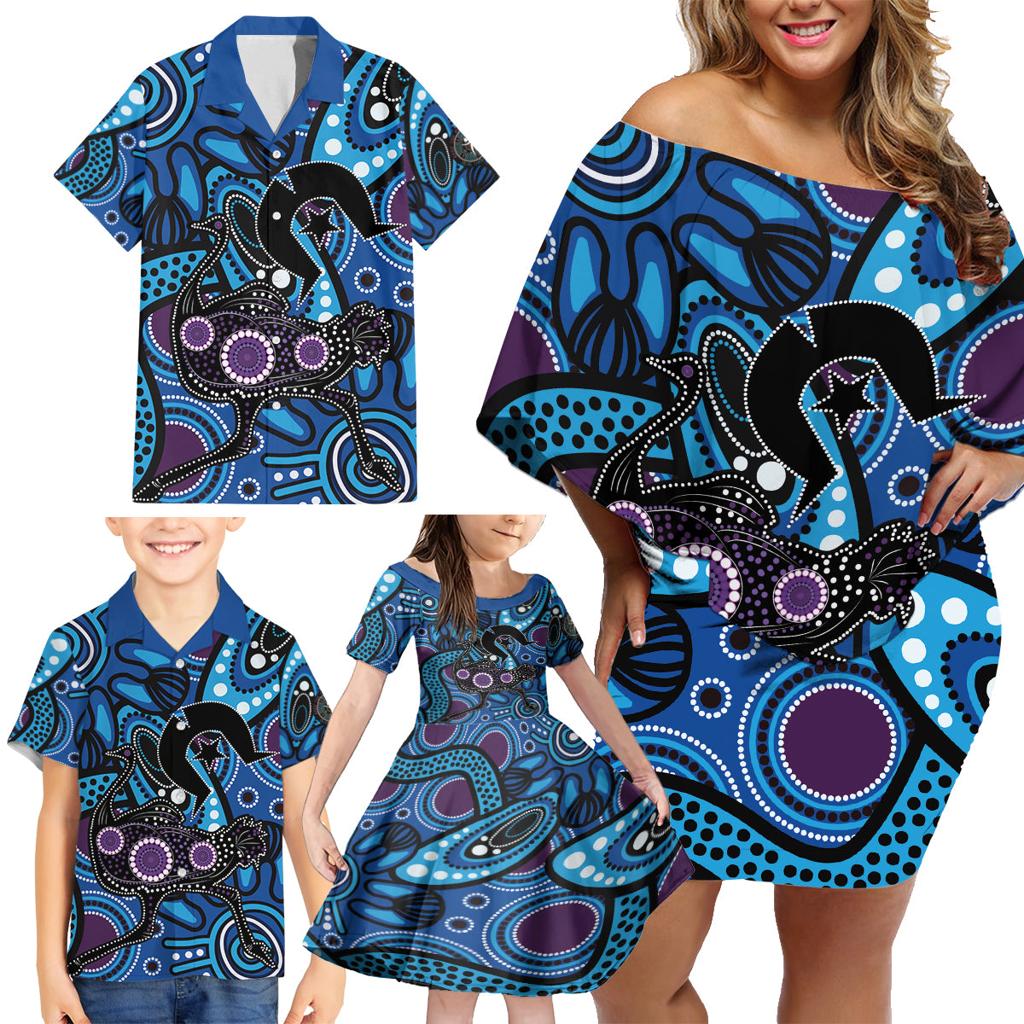 Emu NAIDOC 2024 Family Matching Off Shoulder Short Dress and Hawaiian Shirt Aboriginal Art Style