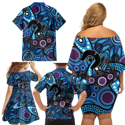 Emu NAIDOC 2024 Family Matching Off Shoulder Short Dress and Hawaiian Shirt Aboriginal Art Style