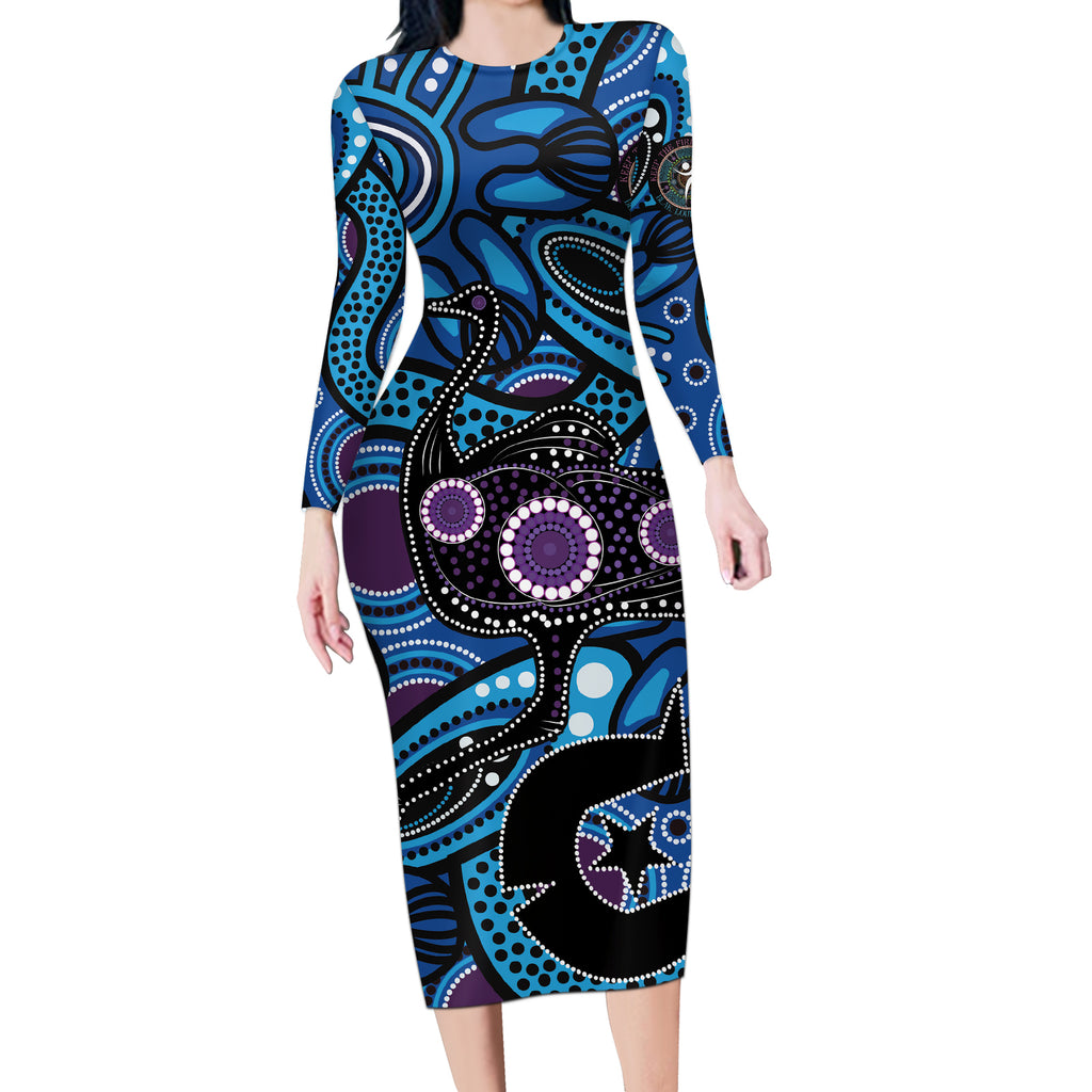 Emu NAIDOC 2024 Long Sleeve Bodycon Dress Aboriginal Art Style