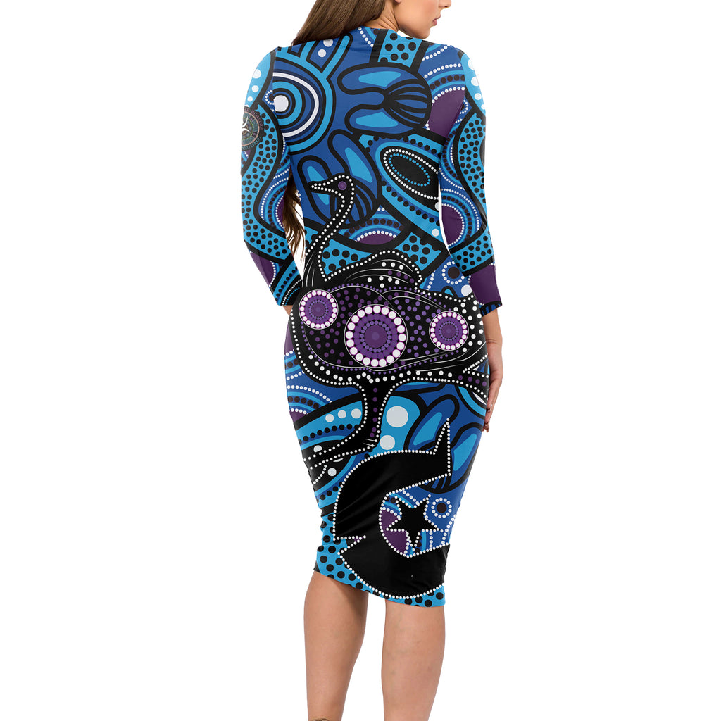 Emu NAIDOC 2024 Long Sleeve Bodycon Dress Aboriginal Art Style