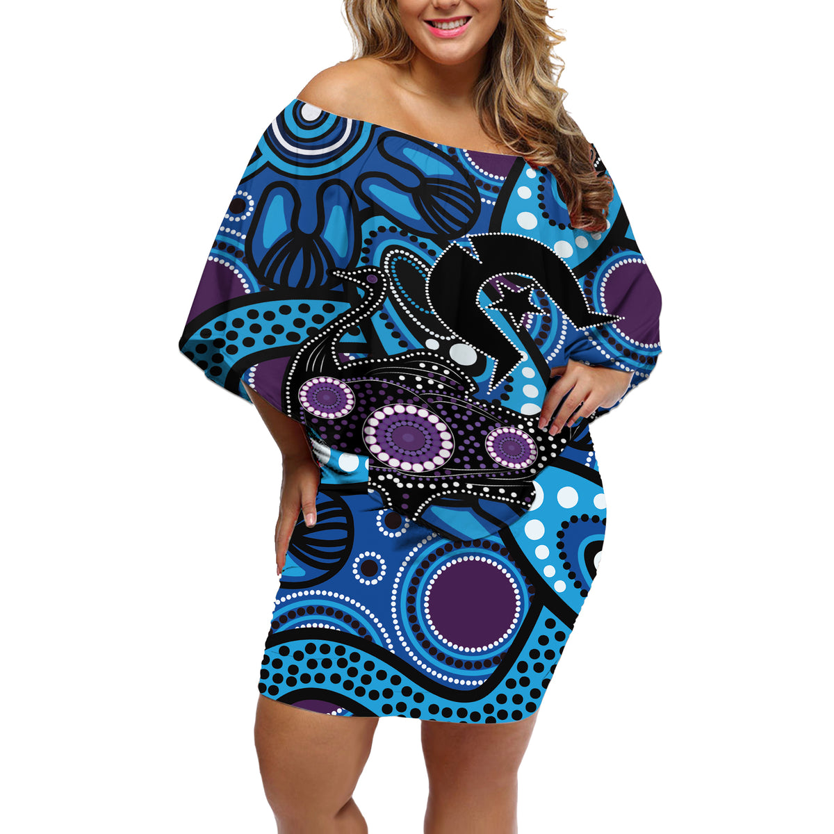 Emu NAIDOC 2024 Off Shoulder Short Dress Aboriginal Art Style