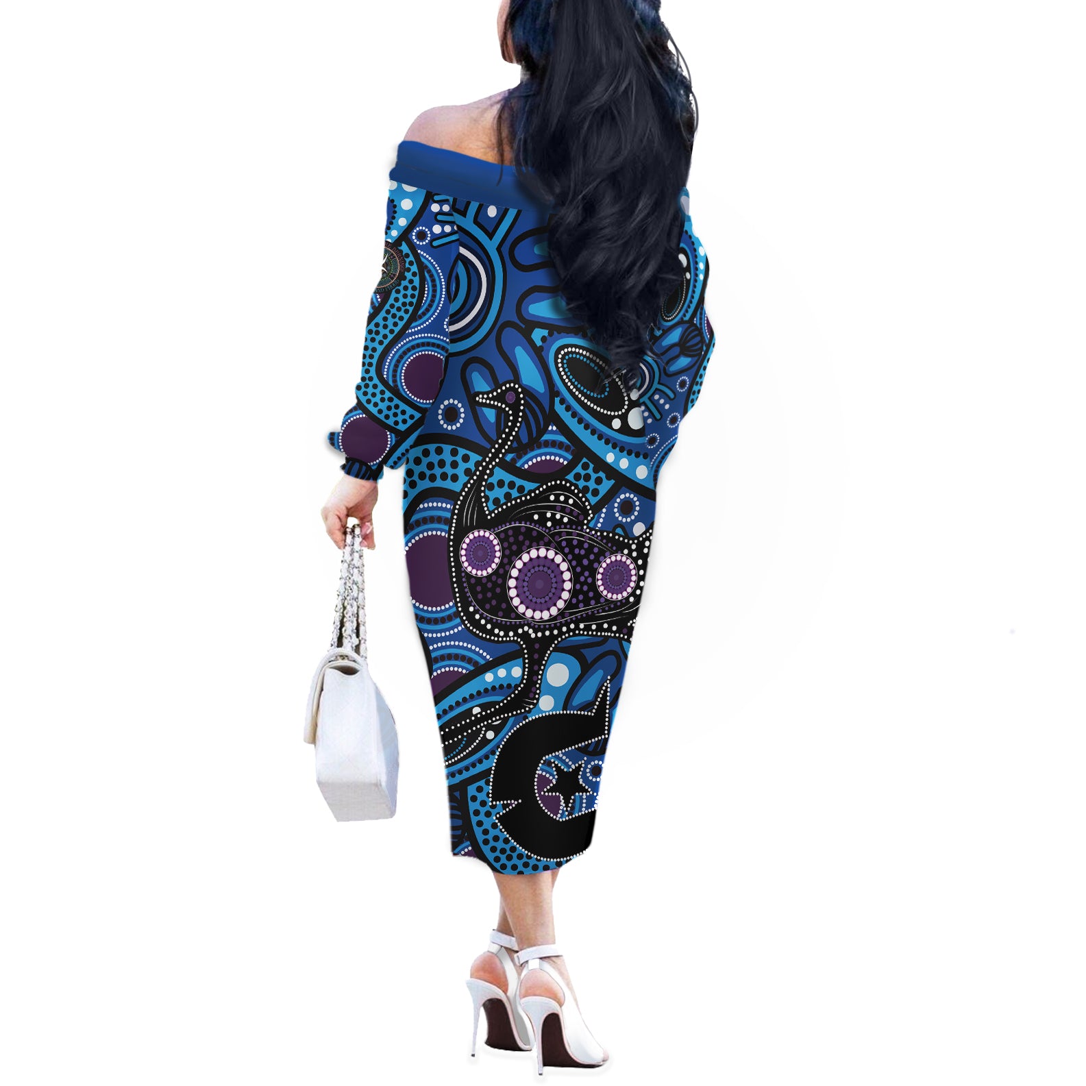 Emu NAIDOC 2024 Off The Shoulder Long Sleeve Dress Aboriginal Art Style