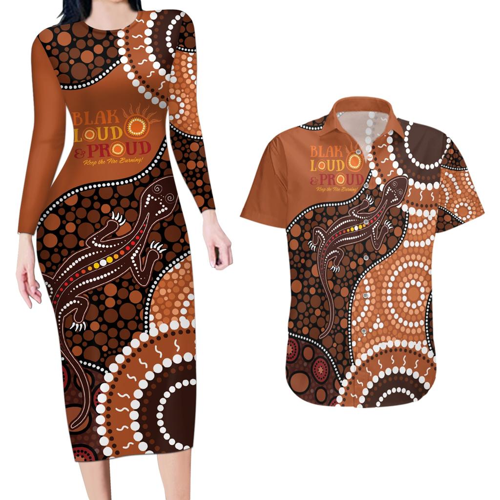 Lizard NAIDOC 2024 Couples Matching Long Sleeve Bodycon Dress and Hawaiian Shirt Aboriginal Art Style
