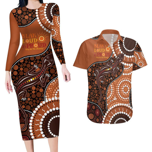 Lizard NAIDOC 2024 Couples Matching Long Sleeve Bodycon Dress and Hawaiian Shirt Aboriginal Art Style