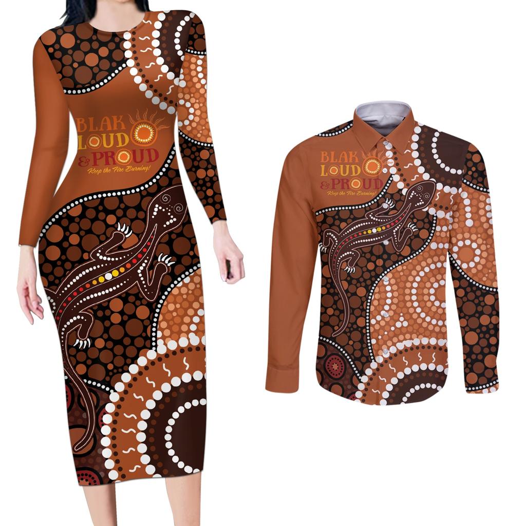 Lizard NAIDOC 2024 Couples Matching Long Sleeve Bodycon Dress and Long Sleeve Button Shirt Aboriginal Art Style