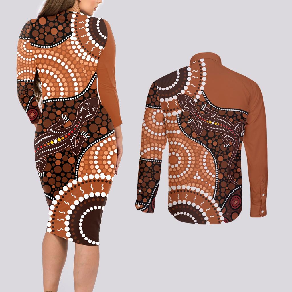 Lizard NAIDOC 2024 Couples Matching Long Sleeve Bodycon Dress and Long Sleeve Button Shirt Aboriginal Art Style