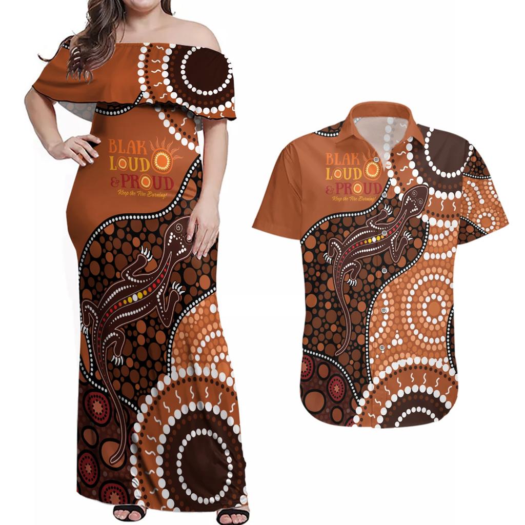 Lizard NAIDOC 2024 Couples Matching Off Shoulder Maxi Dress and Hawaiian Shirt Aboriginal Art Style