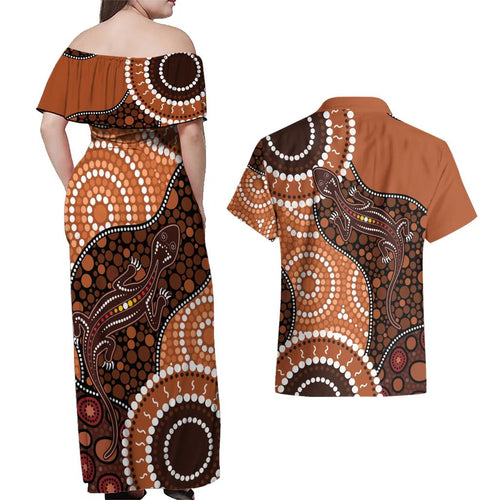 Lizard NAIDOC 2024 Couples Matching Off Shoulder Maxi Dress and Hawaiian Shirt Aboriginal Art Style