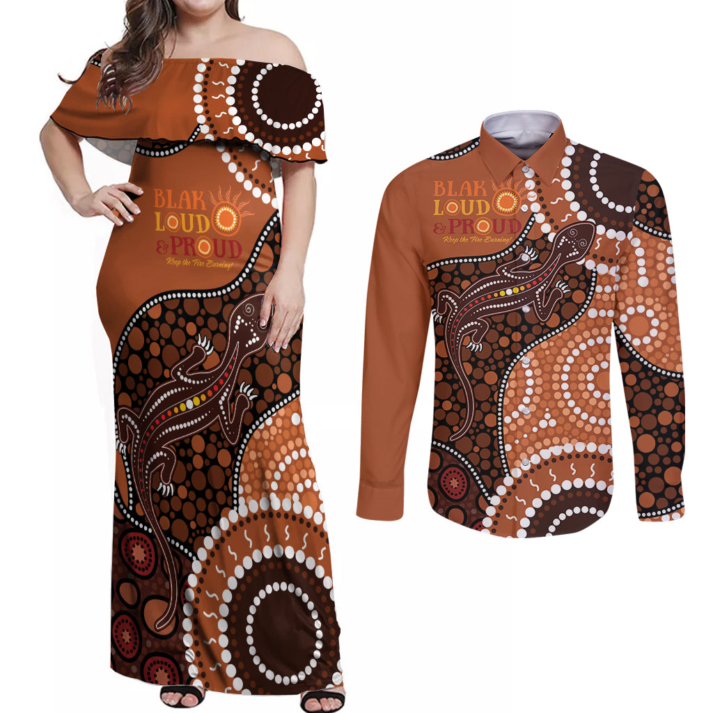 Lizard NAIDOC 2024 Couples Matching Off Shoulder Maxi Dress and Long Sleeve Button Shirt Aboriginal Art Style