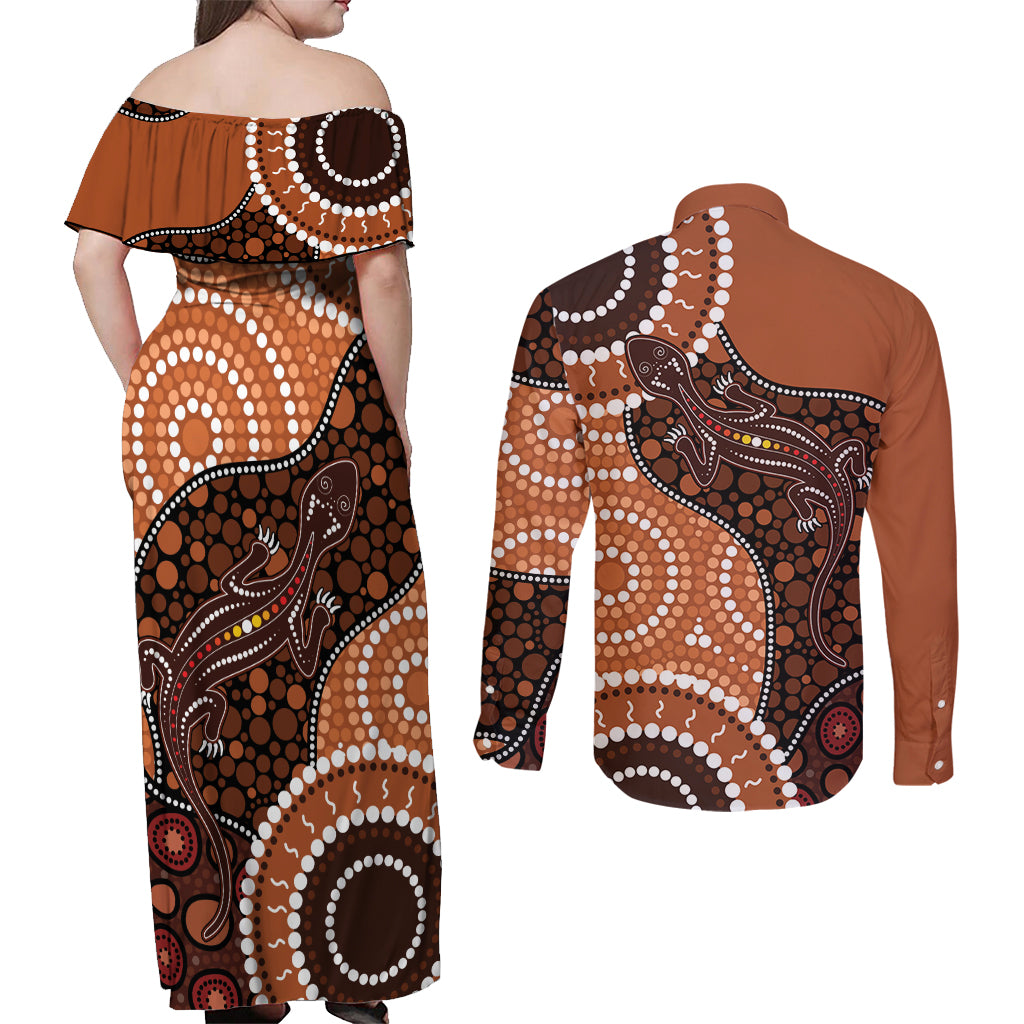 Lizard NAIDOC 2024 Couples Matching Off Shoulder Maxi Dress and Long Sleeve Button Shirt Aboriginal Art Style