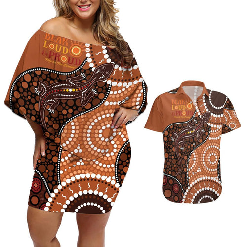 Lizard NAIDOC 2024 Couples Matching Off Shoulder Short Dress and Hawaiian Shirt Aboriginal Art Style