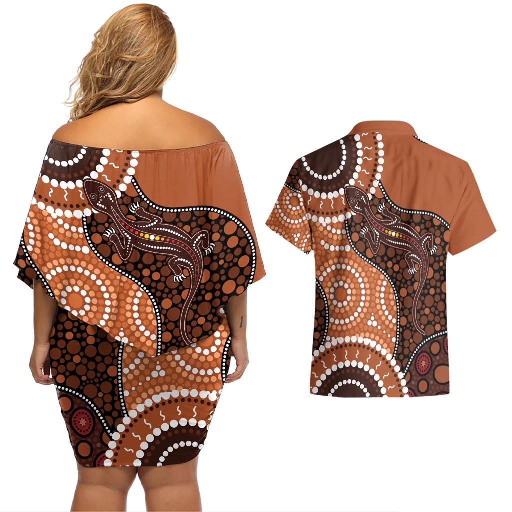 Lizard NAIDOC 2024 Couples Matching Off Shoulder Short Dress and Hawaiian Shirt Aboriginal Art Style