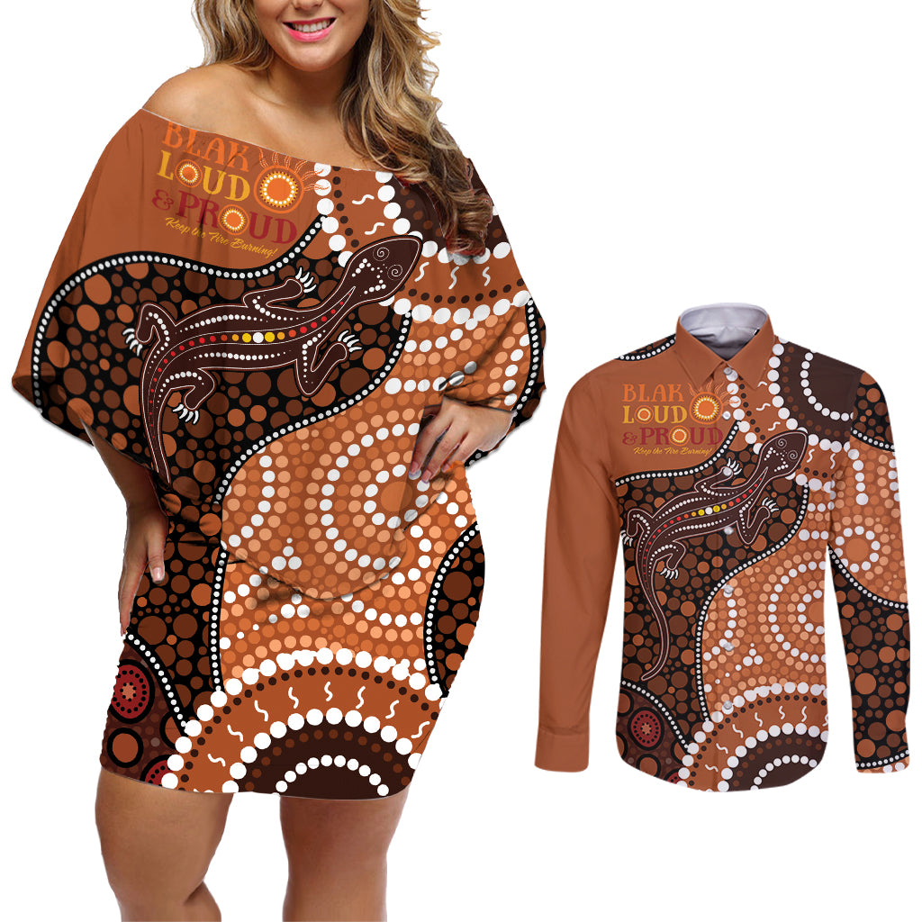Lizard NAIDOC 2024 Couples Matching Off Shoulder Short Dress and Long Sleeve Button Shirt Aboriginal Art Style