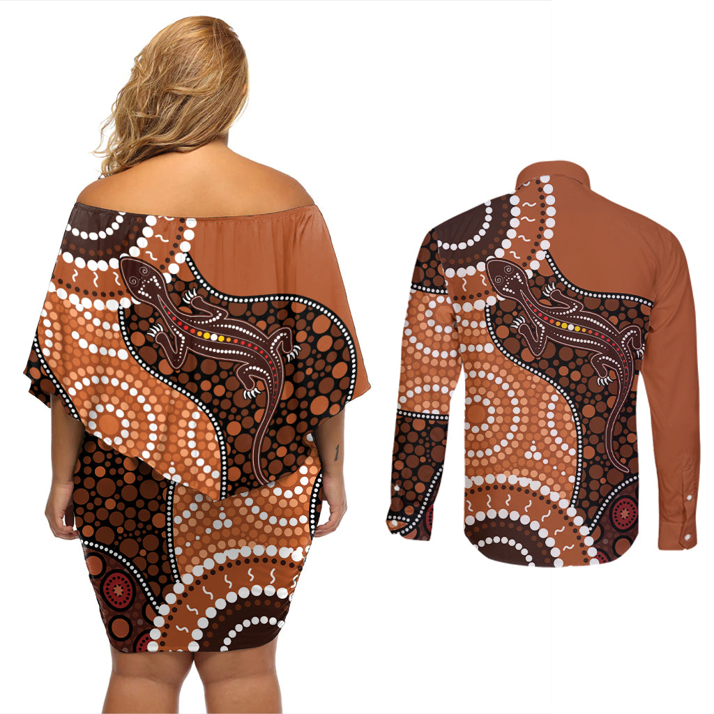 Lizard NAIDOC 2024 Couples Matching Off Shoulder Short Dress and Long Sleeve Button Shirt Aboriginal Art Style