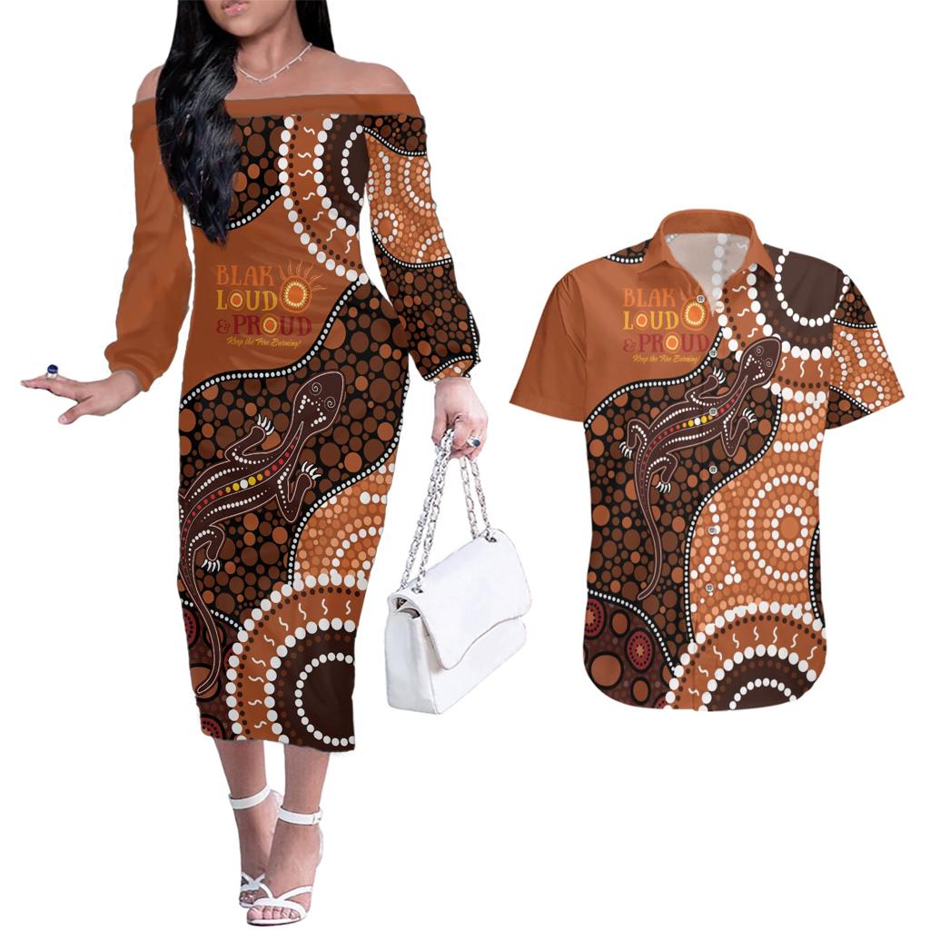 Lizard NAIDOC 2024 Couples Matching Off The Shoulder Long Sleeve Dress and Hawaiian Shirt Aboriginal Art Style