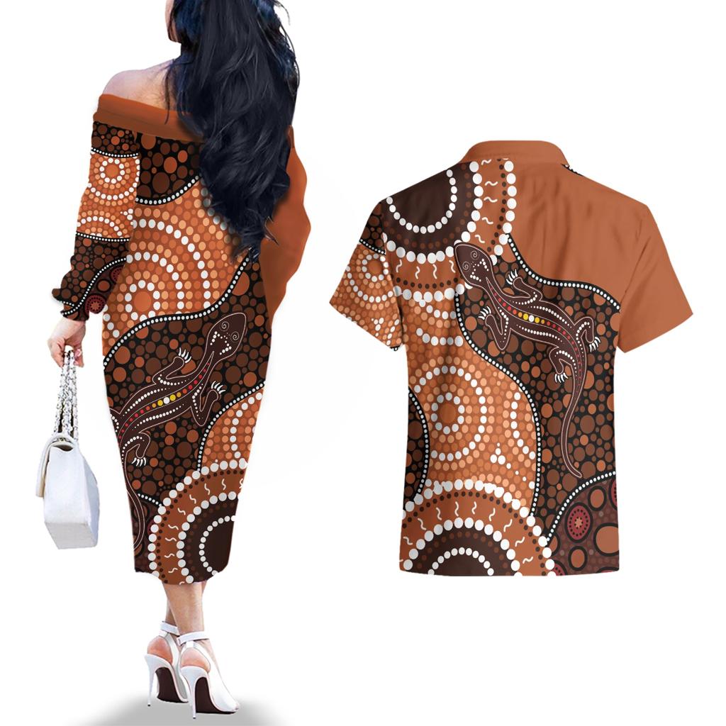 Lizard NAIDOC 2024 Couples Matching Off The Shoulder Long Sleeve Dress and Hawaiian Shirt Aboriginal Art Style